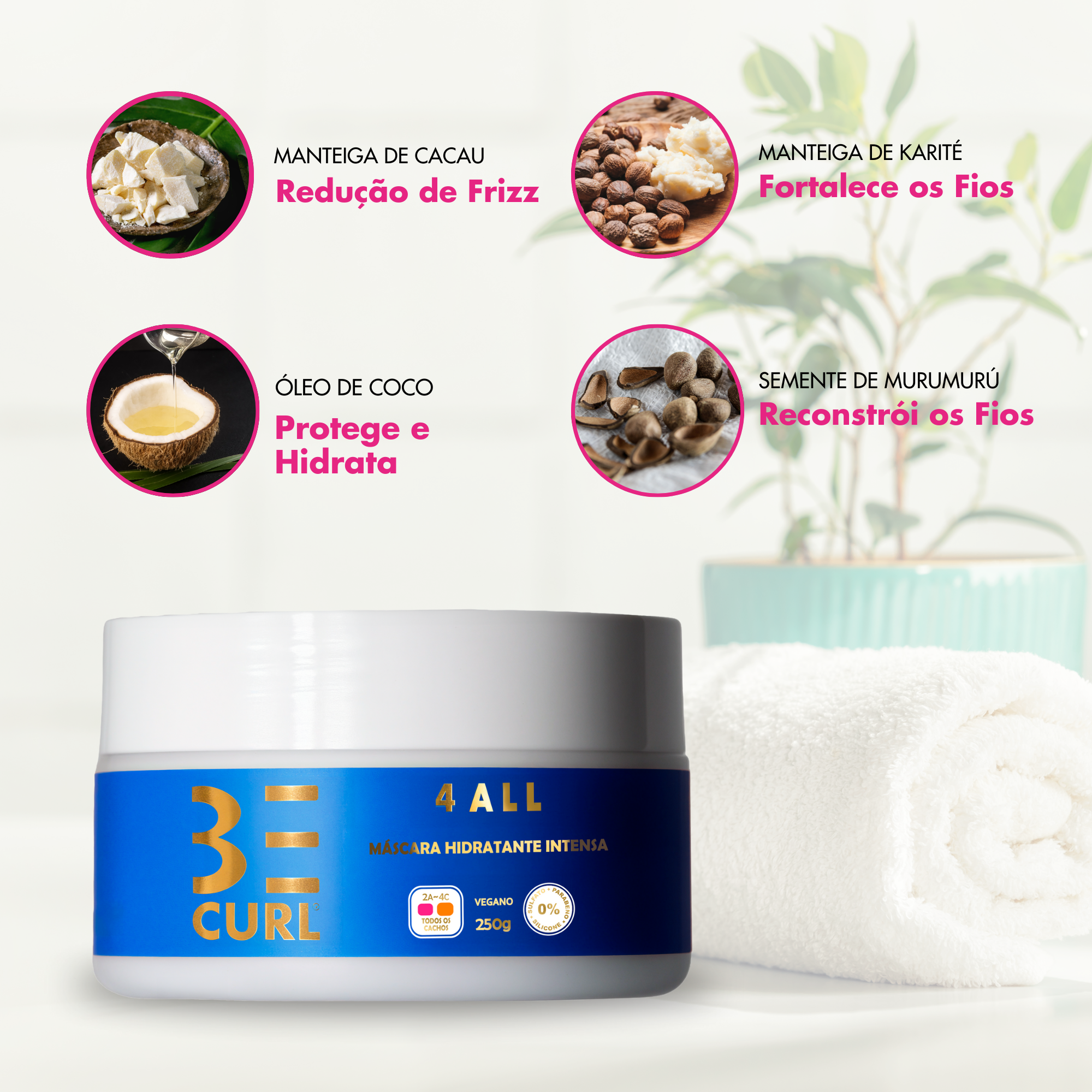 MÁSCARA HIDRATANTE INTENSA VEGANO 250G ONDULADOS, CACHEADOS E CRESPOS - 4 ALL BE CURL