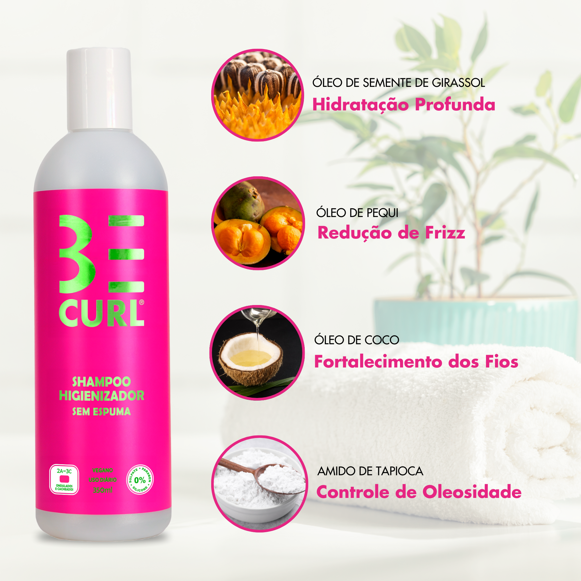 SHAMPOO HIGIENIZADOR NO POO SEM ESPUMA VEGANO 350ML PINK ONDAS & CACHOS BE CURL