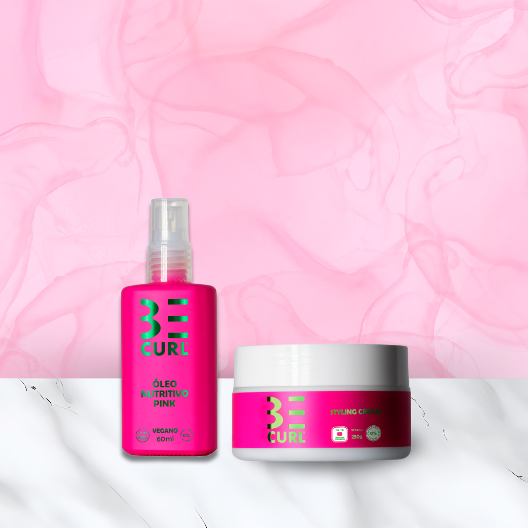KIT ÓLEO NUTRITIVO + STYLING CREAM CREME DE PENTEAR VEGANO ONDAS & CACHOS PINK BE CURL