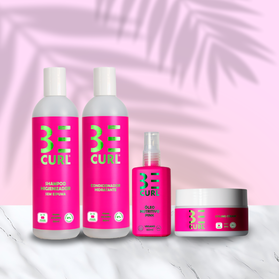 KIT NO POO SEM ESPUMA + STYLING CREAM CREME DE PENTEAR VEGANO PINK ONDAS & CACHOS BE CURL